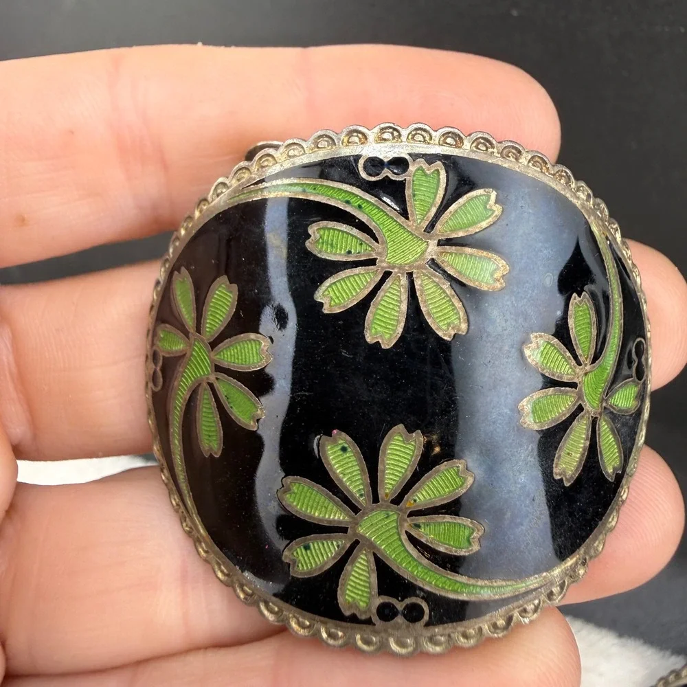 Vintage France Enamel Scarf Clips Black Green Floral Pair READ